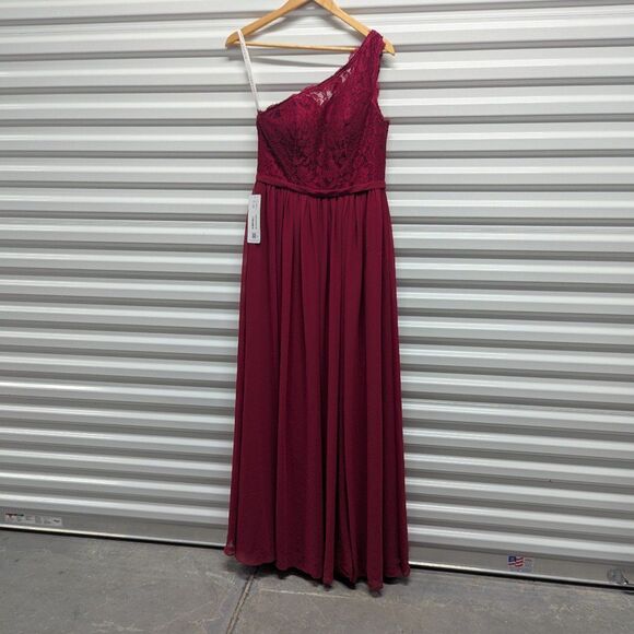 Azazie Demi Size 8 (A8) Burgundy A-Line One Shoulder Chiffon Dress x1-16 - Picture 2 of 10